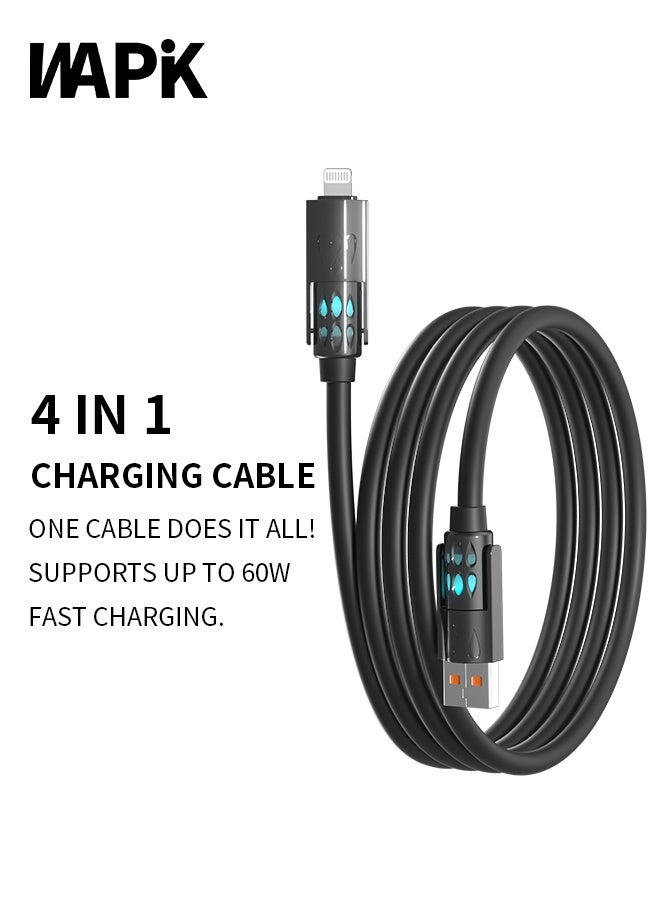 وابيك كابل شحن سريع 4 في 1 من علامة كورية، قوة 60 واط، USB-A و Type-C إلى Type-C / Lightning، سيليكون سائل، نقل بيانات 480Mbps، أسود - Image 1